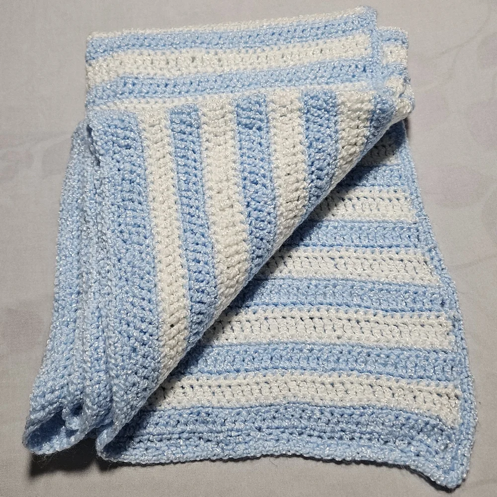 *New* Crochet  blue white stripe afghan baby throw blanket  approx. 34
